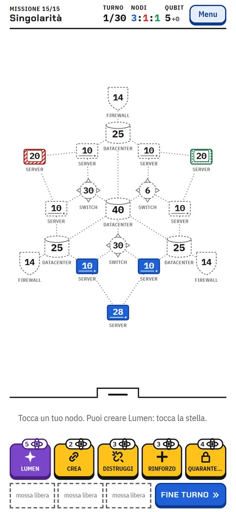 Mission 15, the finale: a dense network and, at the bottom, the buttons for Lumen and the human abilities.